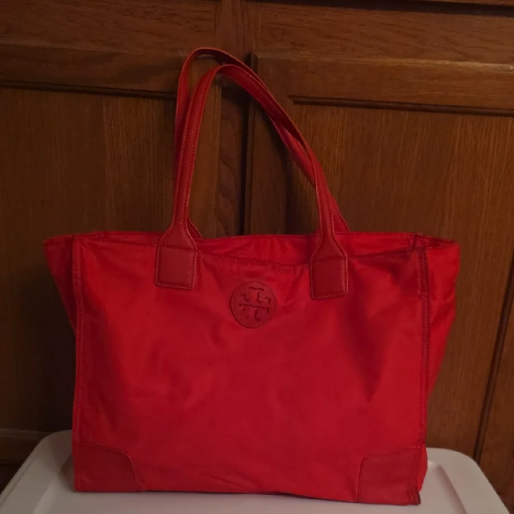Tory Burch Bright Red Nylon Tote with Leather Trim